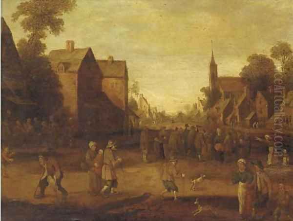 A village with peasants gathered around a speaker Oil Painting by Joost Cornelisz. Droochsloot