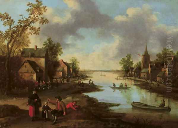 A river landscape with figures outside an inn and fishermen in boats, a family conversing in the foreground Oil Painting by Joost Cornelisz. Droochsloot