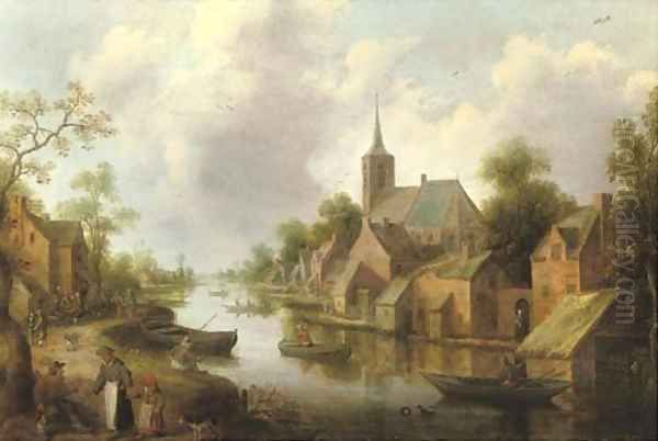 A river landscape with figures outside an inn and fishermen in boats, a town beyond Oil Painting by Joost Cornelisz. Droochsloot