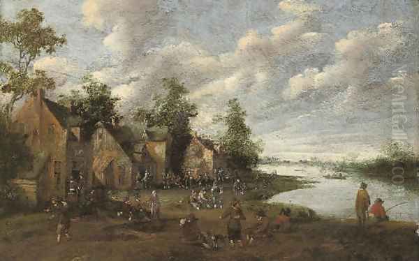 A riverside village with fishermen and figures conversing Oil Painting by Joost Cornelisz. Droochsloot