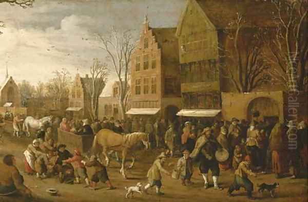 A town view with figures gathered in the street Oil Painting by Joost Cornelisz. Droochsloot