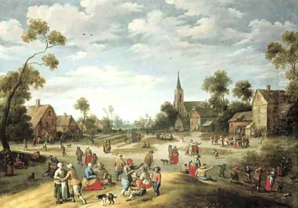 A village kermesse with numerous peasants feasting and making merry Oil Painting by Joost Cornelisz. Droochsloot