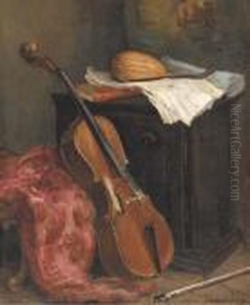 A Cello And A Mandolin In An Interior Oil Painting by Henri Michel-Levy