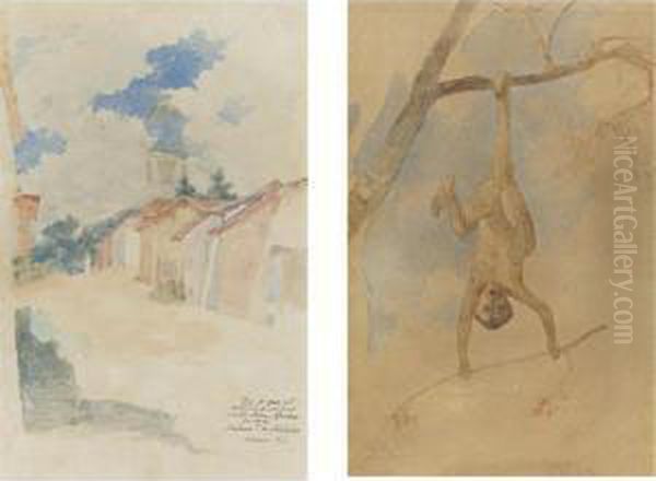 A Pair Of Drawings: Calle Los Teques And Mono Oil Painting by Arturo Michelena