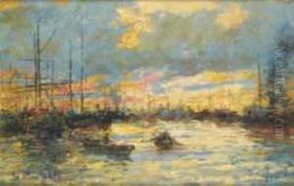 Tramonto Nel Porto Di Livorno Oil Painting by Guglielmo Micheli