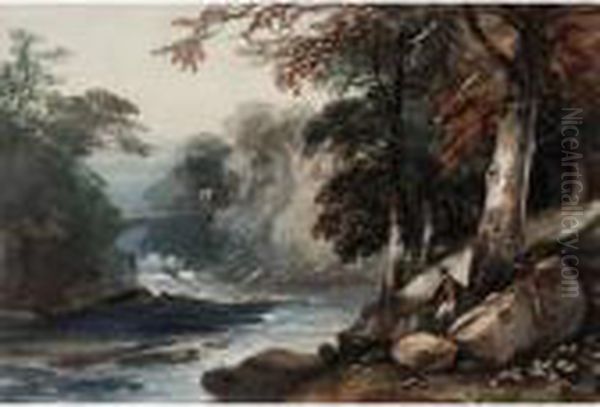 River Running Through Woodland Oil Painting by John Middleton