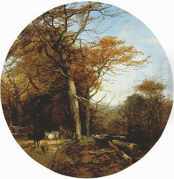 Sheep And A Cow With A Drover On A Woodland Path Oil Painting by John Middleton