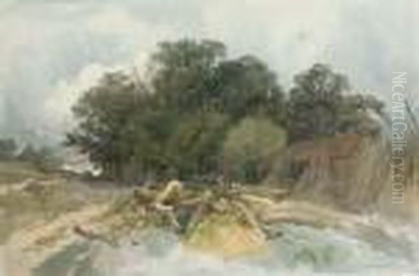 A Pile Of Logs By A Barn In A Clearing Oil Painting by John Middleton