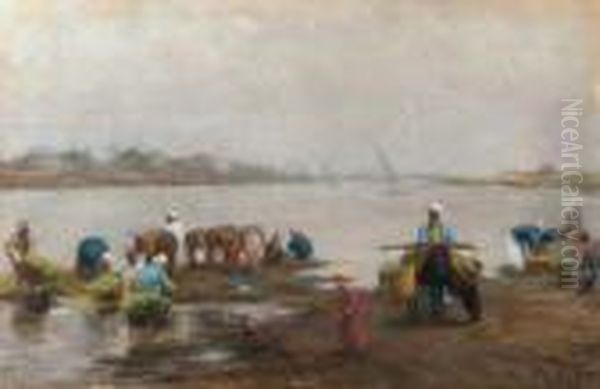 Figures On The River Bank Oil Painting by Alphons Leopold Mielich