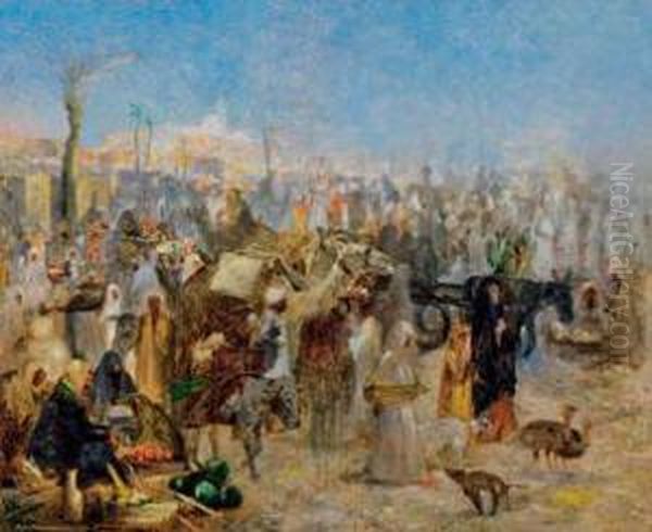 Groser Orientalischer Markt Vor Einer Stadt Im Morgenlicht Oil Painting by Alphons Leopold Mielich