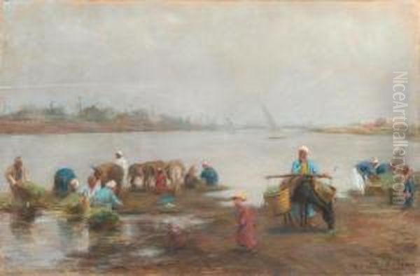 Arab With Donkeys And Baskets At The Shores Of The Nile. Oil Painting by Alphons Leopold Mielich