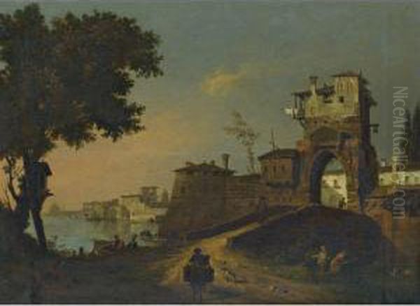 Italian Landscape With Figures Entering A Fortified Watersidetown Oil Painting by Giovanni Migliara