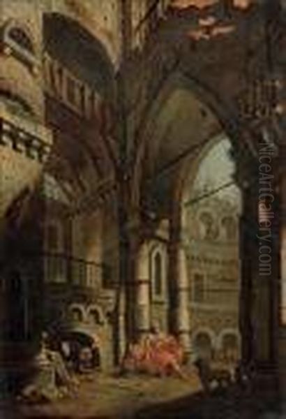 An Architectural Capriccio With Daniel In The Lions' Den Oil Painting by Giovanni Migliara