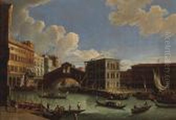 A View Of The Rialto Bridge, Venice Oil Painting by Giovanni Migliara