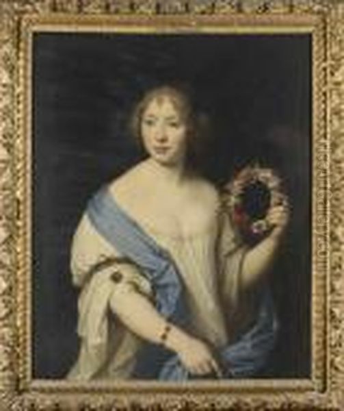 Portrait De Femme Tenant Une Guirlande De Fleurs Oil Painting by Nicolas Mignard