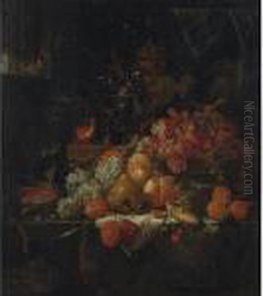 Still Life With Grapes, Fruit, Corn And A Bird Oil Painting by Abraham Mignon