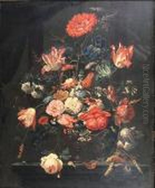 Roses, Tulips, Carnations And 
Other Flowers Ina Glass Vase On A Table Top, With A Snail And A 
Butterfly Oil Painting by Abraham Mignon