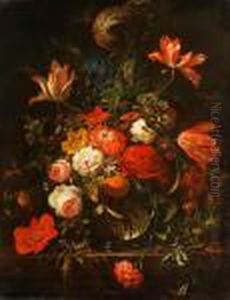 Blumenstrauss In Kugeliger Glasvase Miteiner Orange Oil Painting by Abraham Mignon