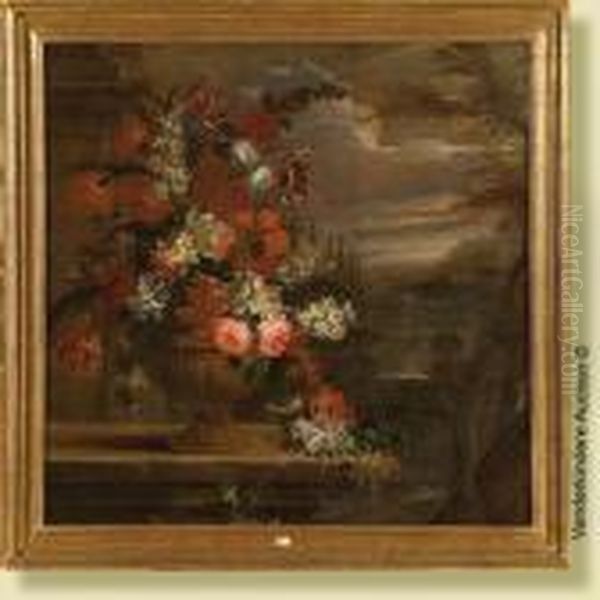 Vase De Fleurs Sur Un Entablement Oil Painting by Abraham Mignon