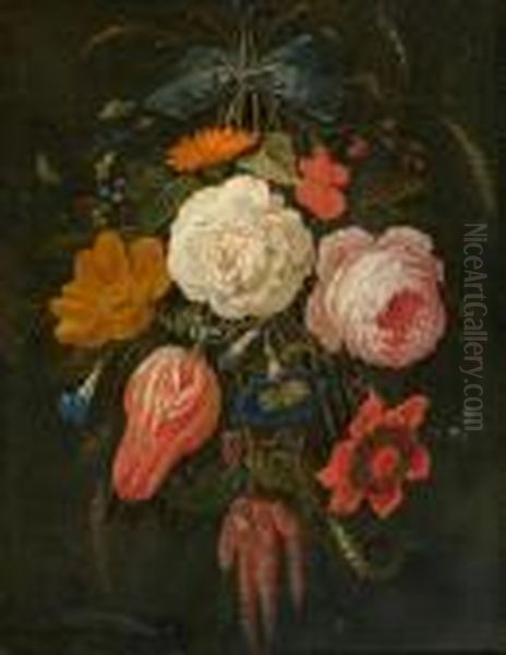 Hanging Bouquet With Blue Bow. Oil Painting by Abraham Mignon