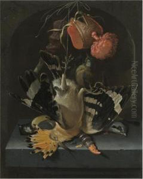 Still Life With A Hoopoe, A 
Great Tit, A Falconry Hood And A Decoywhistle All Arranged Within A 
Stone Niche Oil Painting by Abraham Mignon