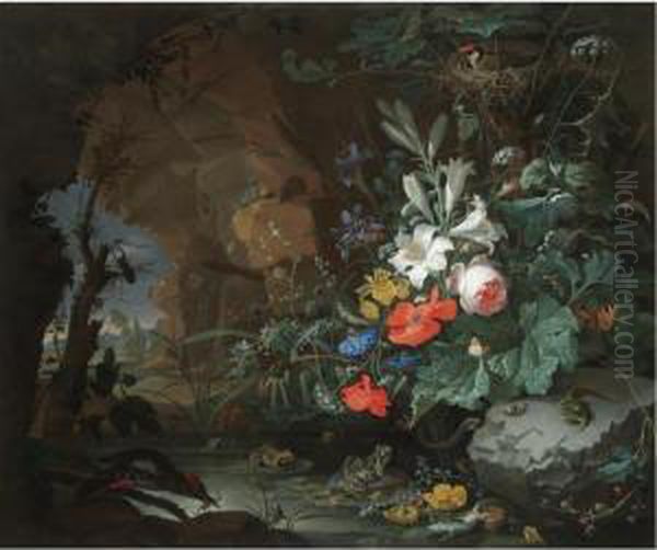 The Interior Of A Grotto With A 
Rock-pool, Frogs, Salamanders, A Bird's Nest And A Large Bouquet Of 
Flowers Including Poppies And Lilies, A View Of A Landscape Through The 
Cave Opening Beyond Oil Painting by Abraham Mignon