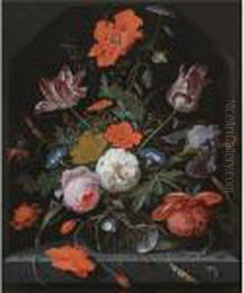 A Still Life With Peonies, 
Roses, Parrot Tulips, Morning Glory, An Iris And Poppies In A Glass Vase
 Set Within A Stone Niche And Caterpillars, A Snail, A Bee And A 
Cockchafer On The Ledge Below by Abraham Mignon