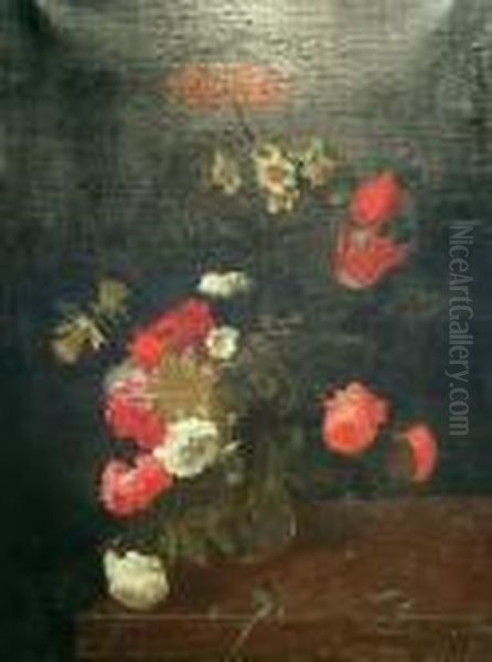 Still Life With Roses, Tulips, Daffodils And Otherflowers Oil Painting by Abraham Mignon