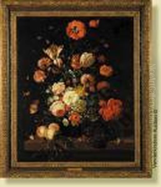 Bouquet De Fleurs Et De Fruits Avec Insectes Sur Unentablement Oil Painting by Abraham Mignon