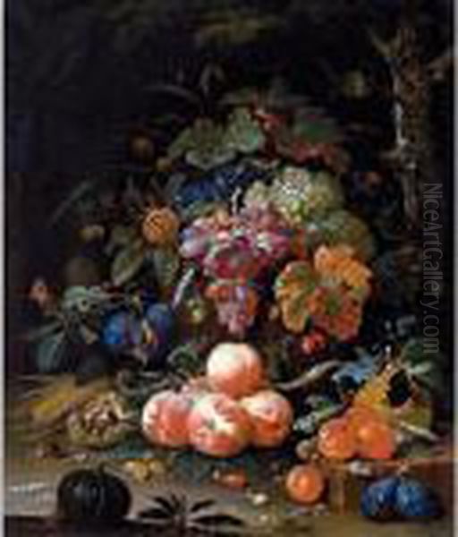 A Still Life Of Red And White 
Grapes In A Basket, Peaches, Plums, Chestnuts, An Ear Of Corn And 
Gooseberries Resting On A Forest Floor, With Snails, Butterflies, A 
Caterpillar, Wasp And Other Insects Oil Painting by Abraham Mignon