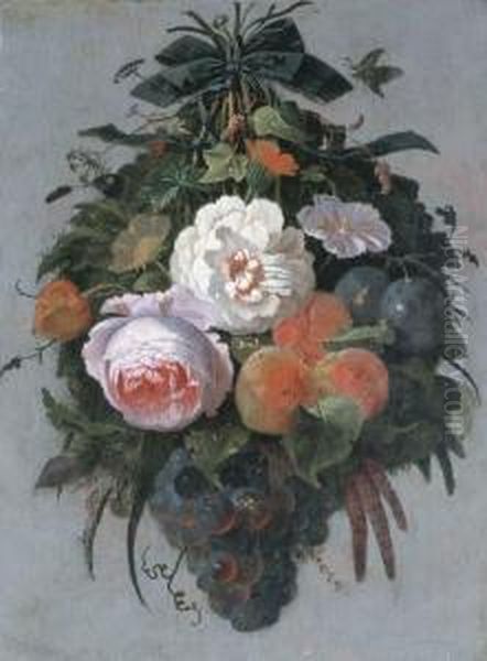 A Swag Of Fruit And Flowers Hanging From A Nail Oil Painting by Abraham Mignon