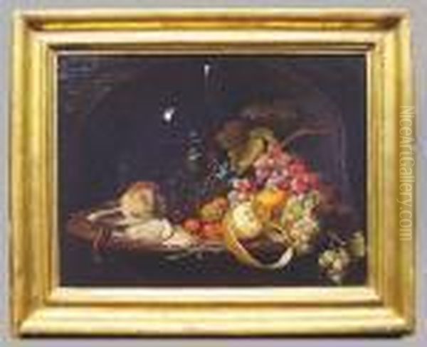 Still Life In A Niche With Fruit, Nuts, Oyster, Wine Goblet Andfluted Glass Oil Painting by Abraham Mignon