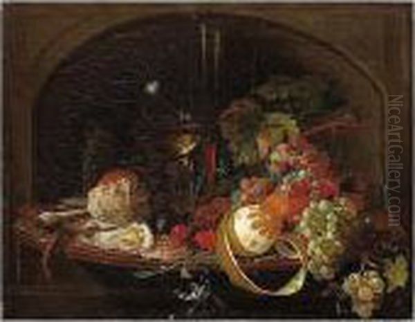 Still Life Of A Peeled Lemon, 
Grapes, An Orange, Cherries And Walnuts, Together With A Roemer, Bread 
Roll, Oysters, A Clay Pipe And A Taper, Arranged Upon A Folding Wooden 
Leaf Oil Painting by Abraham Mignon