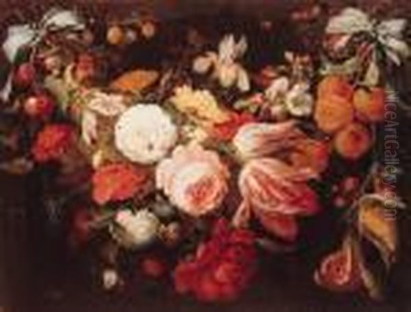 A Swag Of Flowers And Fruit With Caterpillars, Beetles, Butterfliesand A Snail Oil Painting by Abraham Mignon