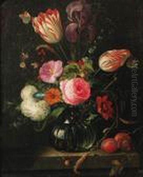 Tulips, Roses, Ears Of Corn, 
Snowballs And Other Flowers In A Glassvase With A Branch Of Plums On A 
Stone Ledge, Butterflies Andsnails Oil Painting by Abraham Mignon