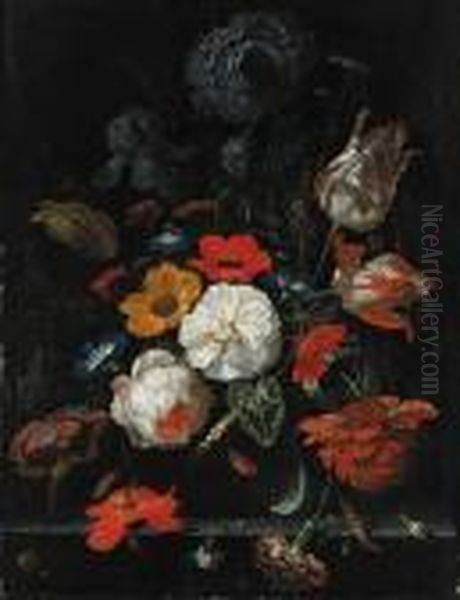 Roses, Parrot Tulips, Poppies, 
Morning Glory, A Carnation, An Iris,paeonies And Other Flowers, With 
Ears Of Corn In A Glass Vase Withsnails, A Spider And Other Insects On A
 Stone Shelf In Analcove Oil Painting by Abraham Mignon