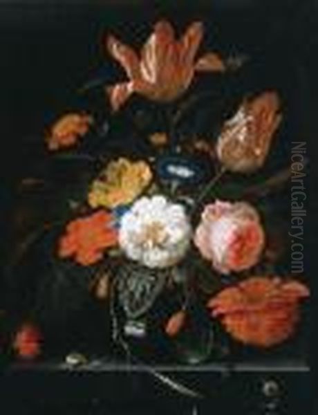 Flowers And Ears Of Wheat In A Glass Vase With Snails And Abutterfly On A Stone Ledge Oil Painting by Abraham Mignon