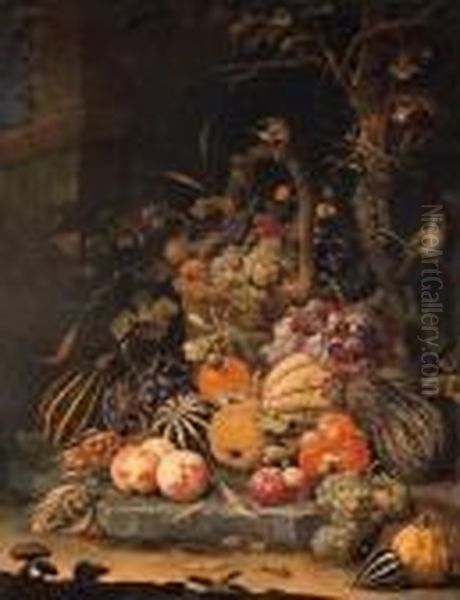 A Forest Floor Still Life With 
Grapes, Plums, Rosehips,blackberries And Ears Of Corn In A Basket, With 
Peaches, Melons Andcorn Cobs On A Stone Slab, With A Goldfinch, A Snail,
 A Beetle Andother Insects, A Mouse By Mushrooms In The Foreground, By A
 Oil Painting by Abraham Mignon