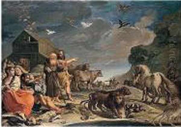 Noah And The Animals Leaving The Ark After The Deluge Oil Painting by Aureliano Milani