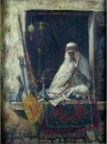 Interior Scene With Arabian Man Seated On Oriental Rug Oil Painting by Addison Thomas Millar