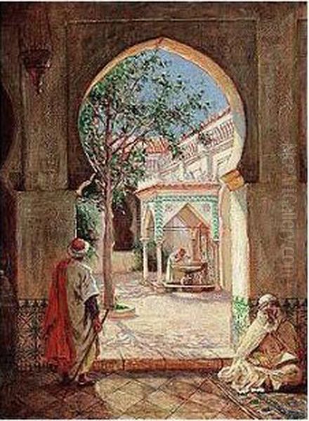 Court Of The Fountain Of Ablutions In The Mosque El Kerir, Algiers Oil Painting by Addison Thomas Millar