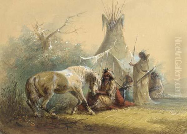 Shoshone Indian And His Pet Horse Oil Painting by Alfred Jacob Miller