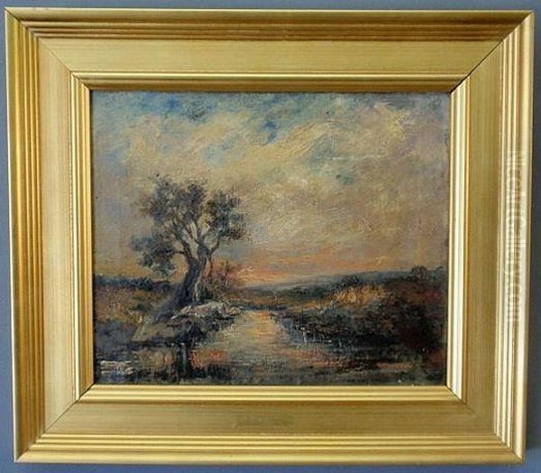 Landscape Painting Of A Tree Along A Stream At Sunset Oil Painting by Charles Henry Miller