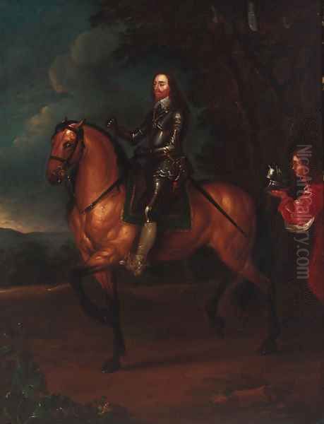 An equestrian portrait of Charles I (1600-1649), small full-length, on a bay horse, with his page, in a wooded landscape Oil Painting by Sir Anthony Van Dyck