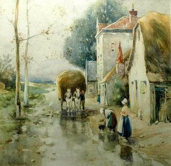 Haycart Approaching A Tavern Oil Painting by James Robertson Miller