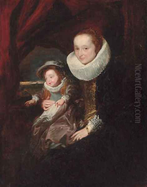 Portrait of a woman and child, small three-quarter-length, in an interior Oil Painting by Sir Anthony Van Dyck