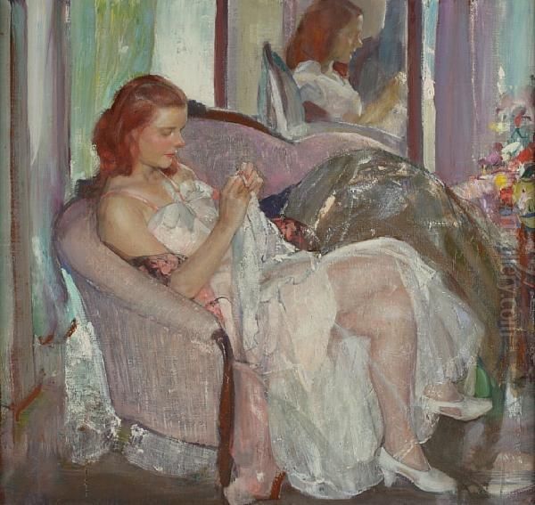 Young Lady Sewing Oil Painting by Richard Emile Miller