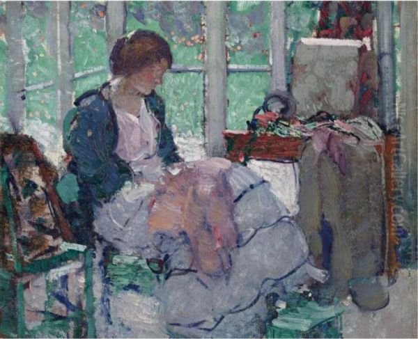 Young Lady Sewing Oil Painting by Richard Emile Miller