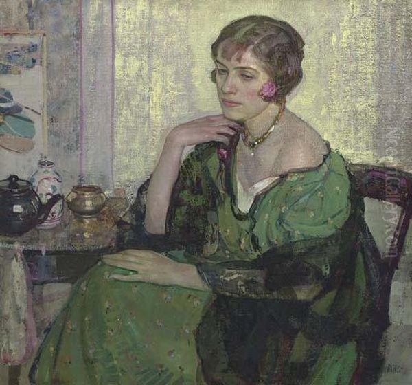 Woman In A Green Dress Oil Painting by Richard Emile Miller