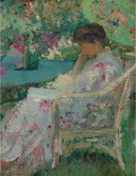 Reading In The Garden Oil Painting by Richard Emile Miller